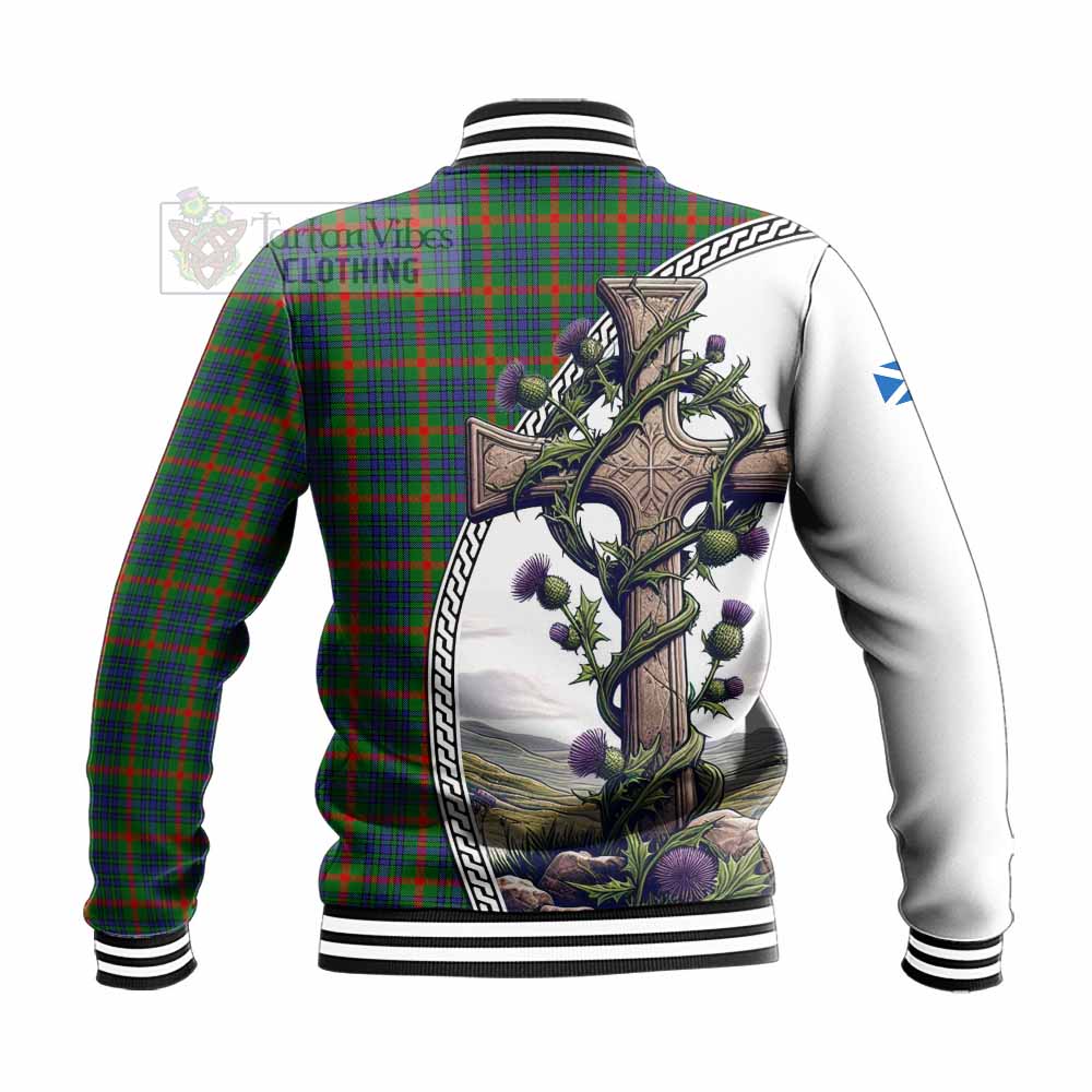 Aiton Tartan Baseball Jacket with Family Crest and St. Andrew's Cross Accented by Thistle Vines - Tartan Vibes Clothing