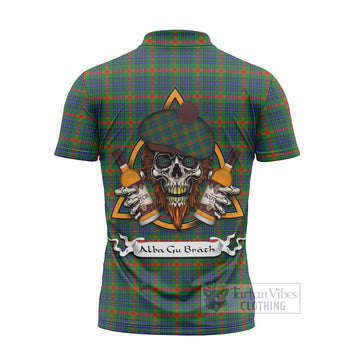 Aiton Tartan Zipper Polo Shirt with Family Crest and Bearded Skull Holding Bottles of Whiskey - Tartan Vibes Clothing