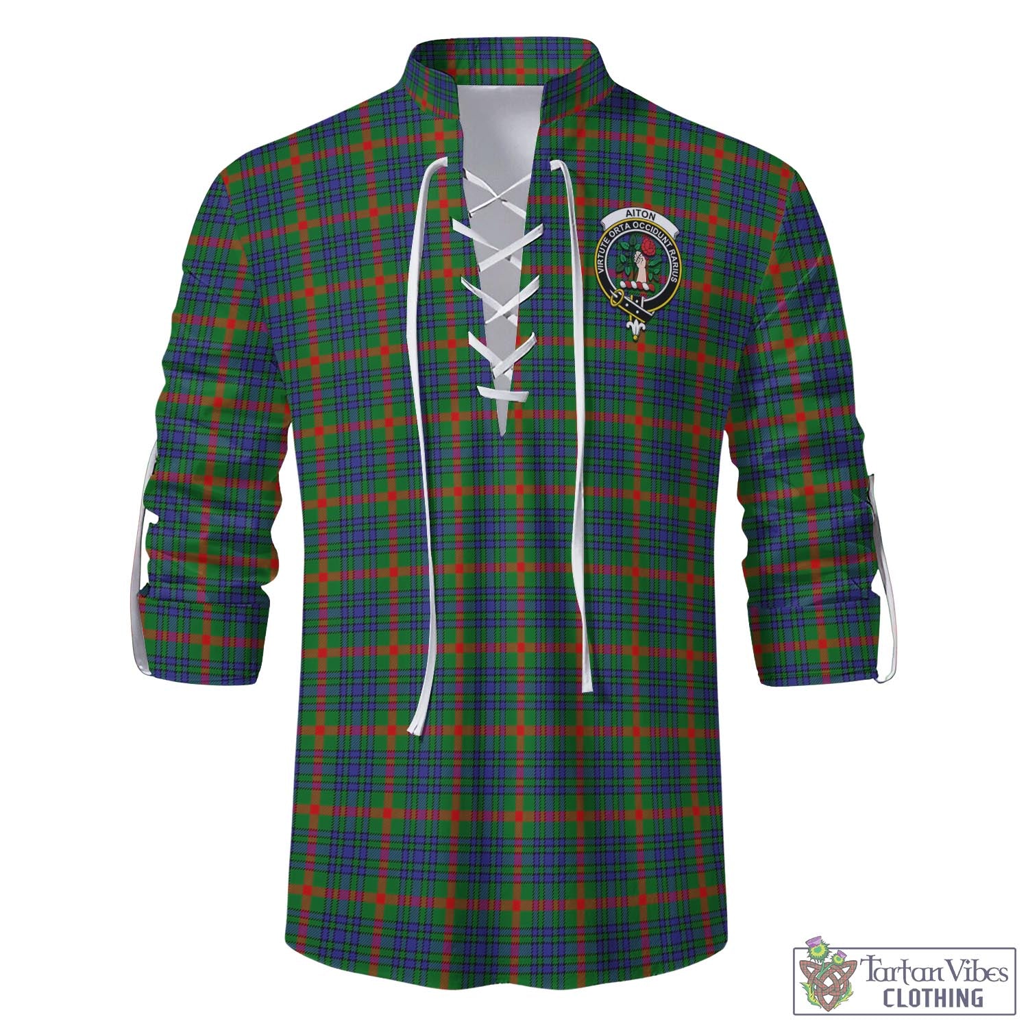 Tartan Vibes Clothing Aiton Tartan Men's Scottish Traditional Jacobite Ghillie Kilt Shirt with Family Crest