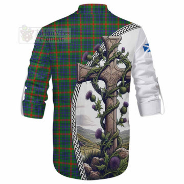 Aiton Tartan Ghillie Kilt Shirt with Family Crest and St. Andrew's Cross Accented by Thistle Vines - Tartan Vibes Clothing