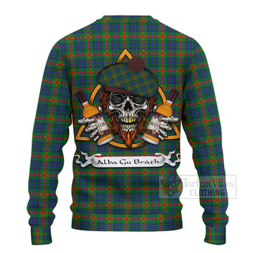 Aiton Tartan Ugly Sweater with Family Crest and Bearded Skull Holding Bottles of Whiskey - Tartan Vibes Clothing