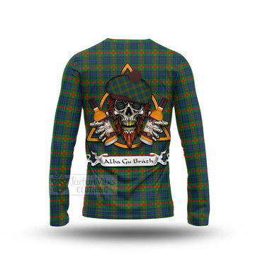 Aiton Tartan Long Sleeve T-Shirt with Family Crest and Bearded Skull Holding Bottles of Whiskey - Tartan Vibes Clothing