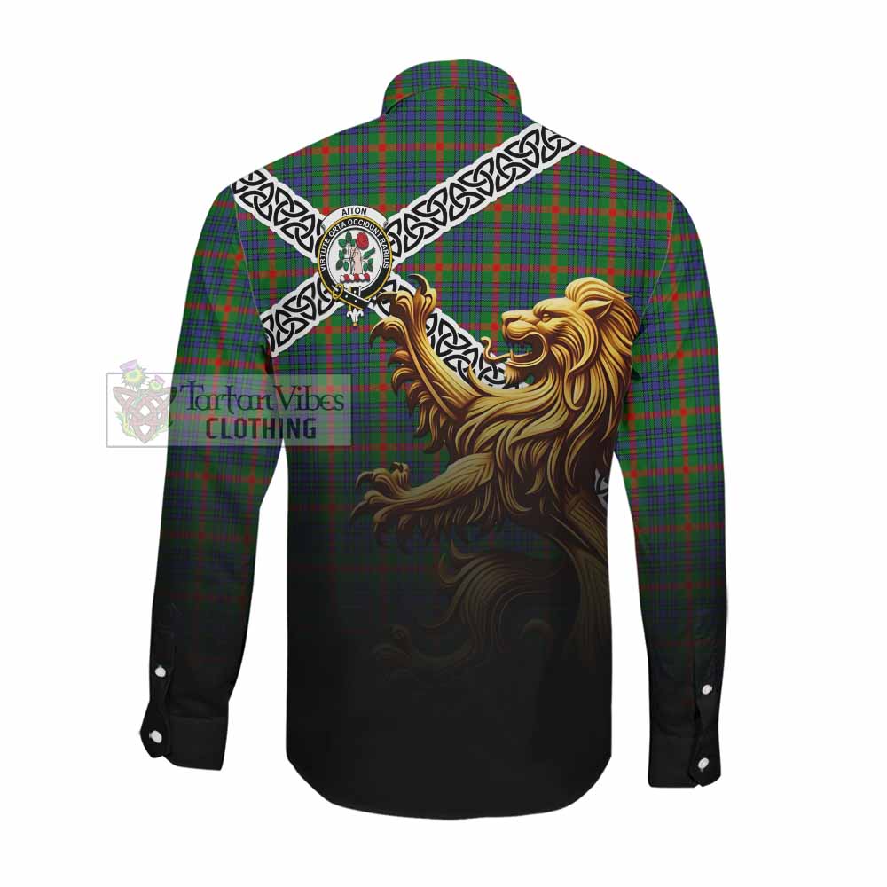 Aiton Crest Tartan Long Sleeve Button Shirt with Golden Lion Emblem Celtic Style Men's Shirt - Tartan Vibes Clothing
