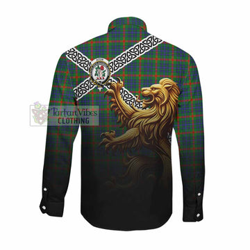 Aiton Crest Tartan Long Sleeve Button Shirt with Golden Lion Emblem Celtic Style Men's Shirt - Tartan Vibes Clothing
