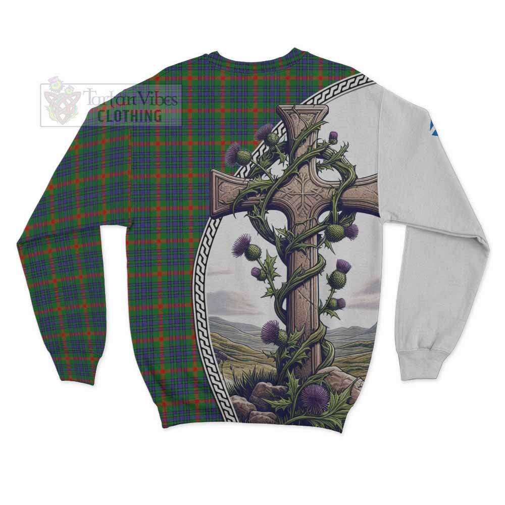 Aiton Tartan Sweatshirt with Family Crest and St. Andrew's Cross Accented by Thistle Vines - Tartan Vibes Clothing