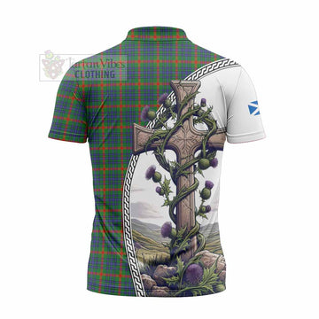 Aiton Tartan Zipper Polo Shirt with Family Crest and St. Andrew's Cross Accented by Thistle Vines - Tartan Vibes Clothing