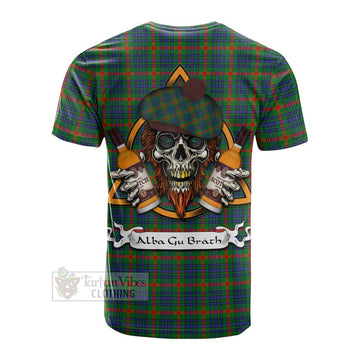 Tartan Vibes Clothing Aiton Tartan Cotton T-shirt with Family Crest and Bearded Skull Holding Bottles of Whiskey