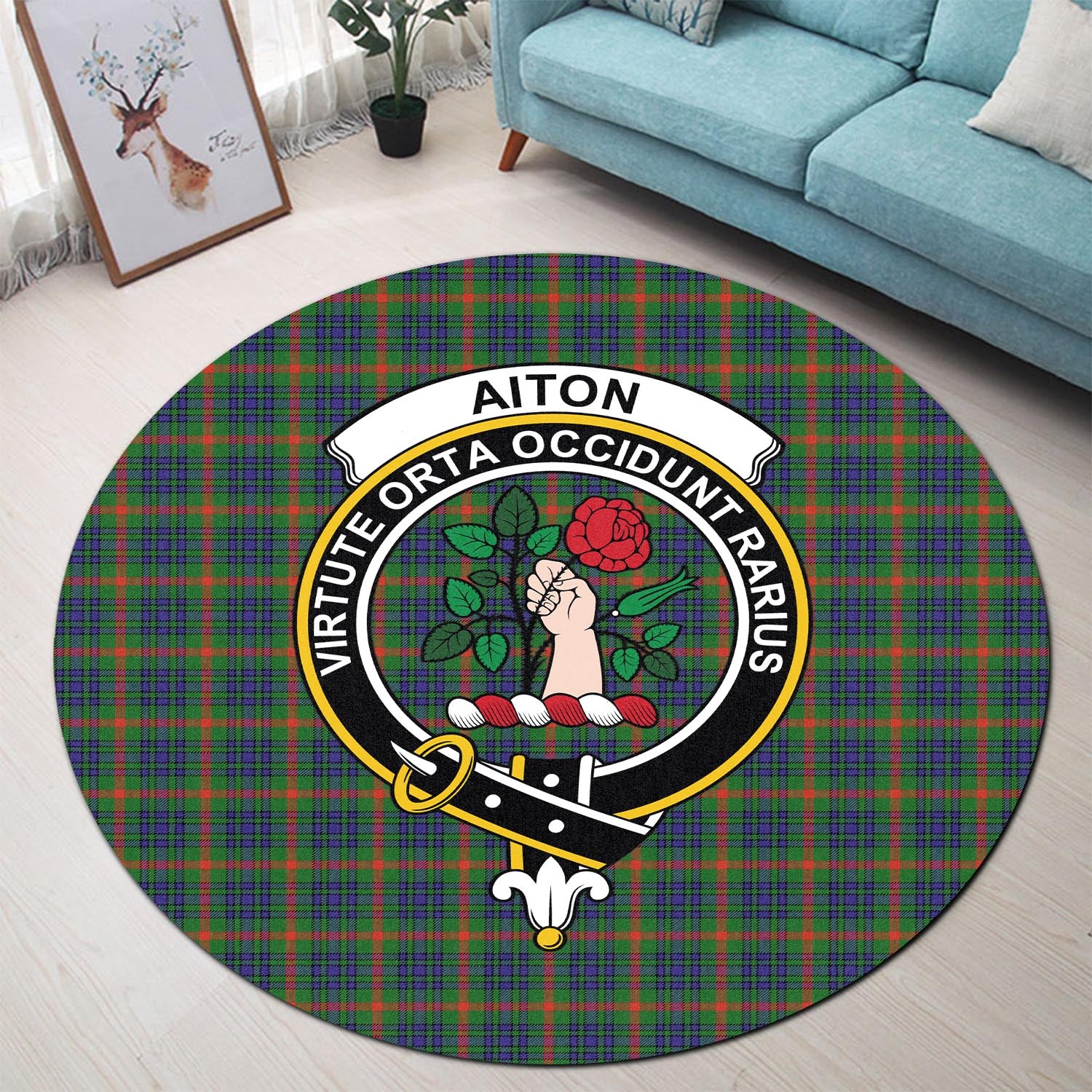 Aiton Tartan Round Rug with Family Crest - Tartanvibesclothing