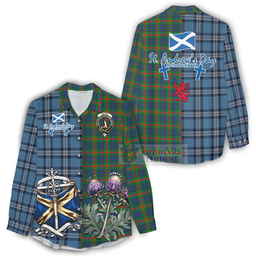 Aiton Tartan Women's Casual Shirt Happy St. Andrew's Day Half Tartan Style - Tartan Vibes Clothing