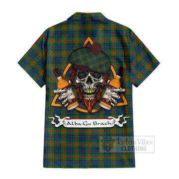 Aiton Tartan Hawaiian Shirt with Family Crest and Bearded Skull Holding Bottles of Whiskey - Tartan Vibes Clothing