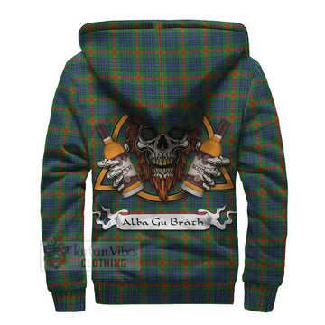Aiton Tartan Sherpa Hoodie with Family Crest and Bearded Skull Holding Bottles of Whiskey - Tartan Vibes Clothing