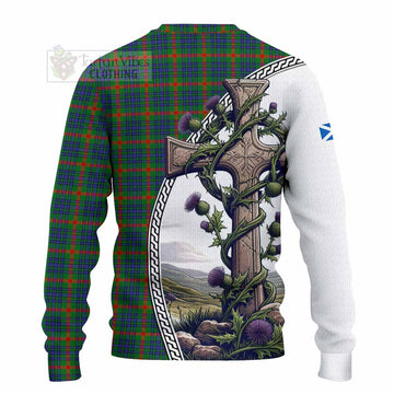 Aiton Tartan Knitted Sweater with Family Crest and St. Andrew's Cross Accented by Thistle Vines - Tartan Vibes Clothing