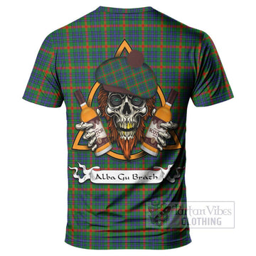 Aiton Tartan T-Shirt with Family Crest and Bearded Skull Holding Bottles of Whiskey - Tartan Vibes Clothing