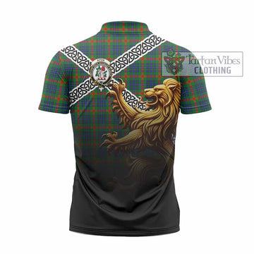 Aiton Crest Tartan Zipper Polo Shirt with Golden Lion Emblem Celtic Style - Tartan Vibes Clothing