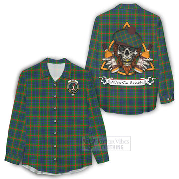 Aiton Tartan Women's Casual Shirt with Family Crest and Bearded Skull Holding Bottles of Whiskey - Tartan Vibes Clothing