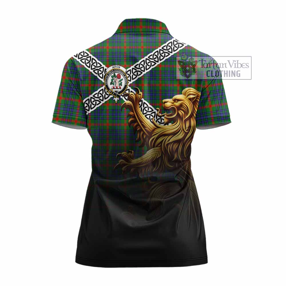 Aiton Crest Tartan Women's Polo Shirt with Golden Lion Emblem Celtic Style - Tartan Vibes Clothing