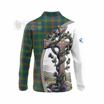 Aiton Tartan Long Sleeve Polo Shirt with Family Crest and St. Andrew's Cross Accented by Thistle Vines - Tartan Vibes Clothing