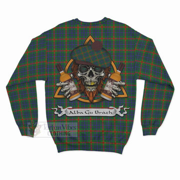 Aiton Tartan Sweatshirt with Family Crest and Bearded Skull Holding Bottles of Whiskey - Tartan Vibes Clothing