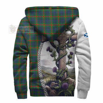 Aiton Tartan Sherpa Hoodie with Family Crest and St. Andrew's Cross Accented by Thistle Vines - Tartan Vibes Clothing