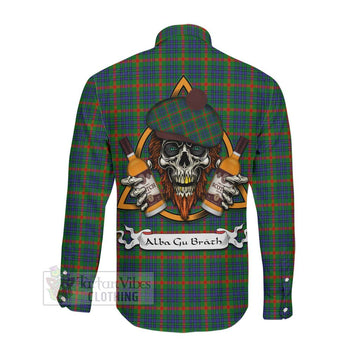 Aiton Tartan Long Sleeve Button Shirt with Family Crest and Bearded Skull Holding Bottles of Whiskey Men's Shirt - Tartan Vibes Clothing