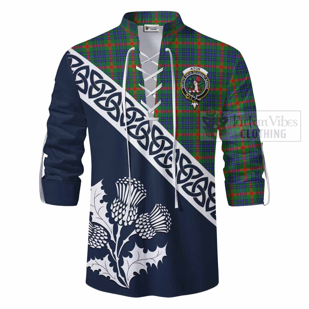 Aiton Tartan Ghillie Kilt Shirt Featuring Thistle and Scotland Map - Tartan Vibes Clothing