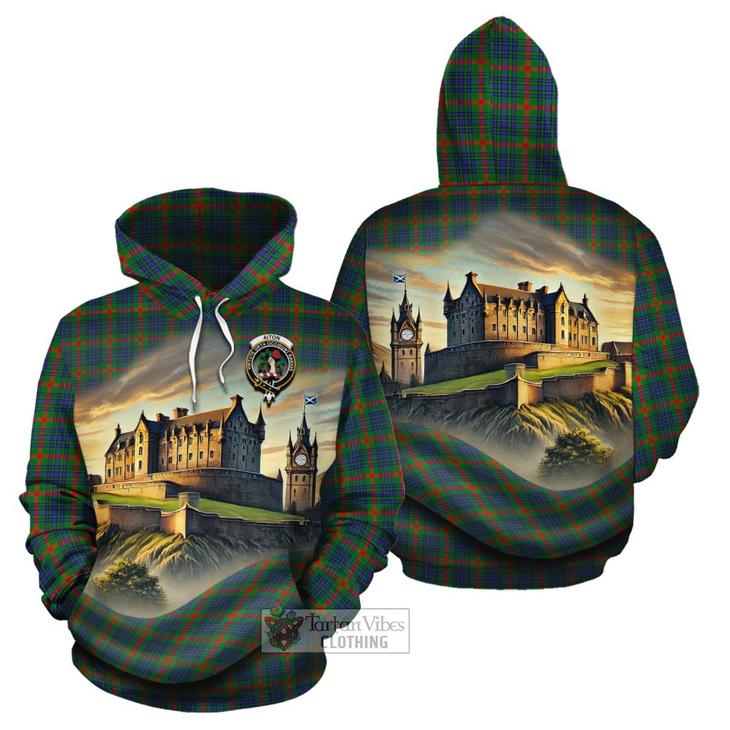 Aiton Tartan Family Crest Cotton Hoodie with Scottish Ancient Castle Style - Tartan Vibes Clothing