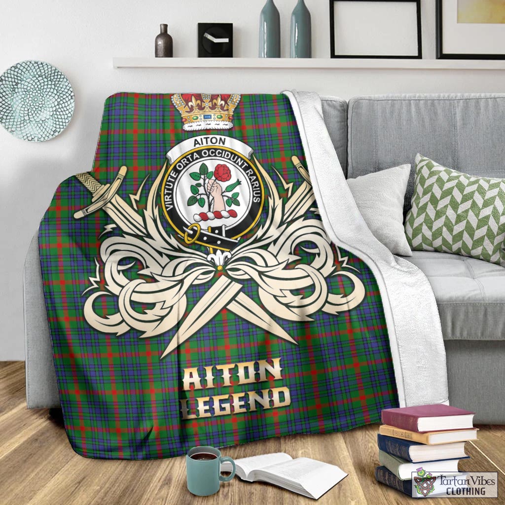 Tartan Vibes Clothing Aiton Tartan Blanket with Clan Crest and the Golden Sword of Courageous Legacy
