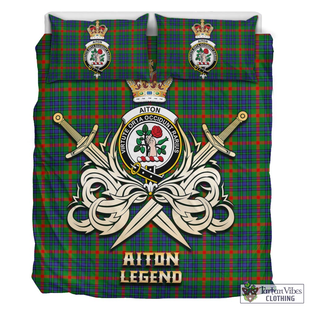 Tartan Vibes Clothing Aiton Tartan Bedding Set with Clan Crest and the Golden Sword of Courageous Legacy