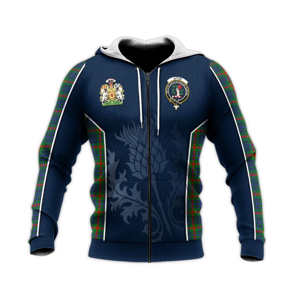 Tartan Vibes Clothing Aiton Tartan Knitted Hoodie with Family Crest and Scottish Thistle Vibes Sport Style