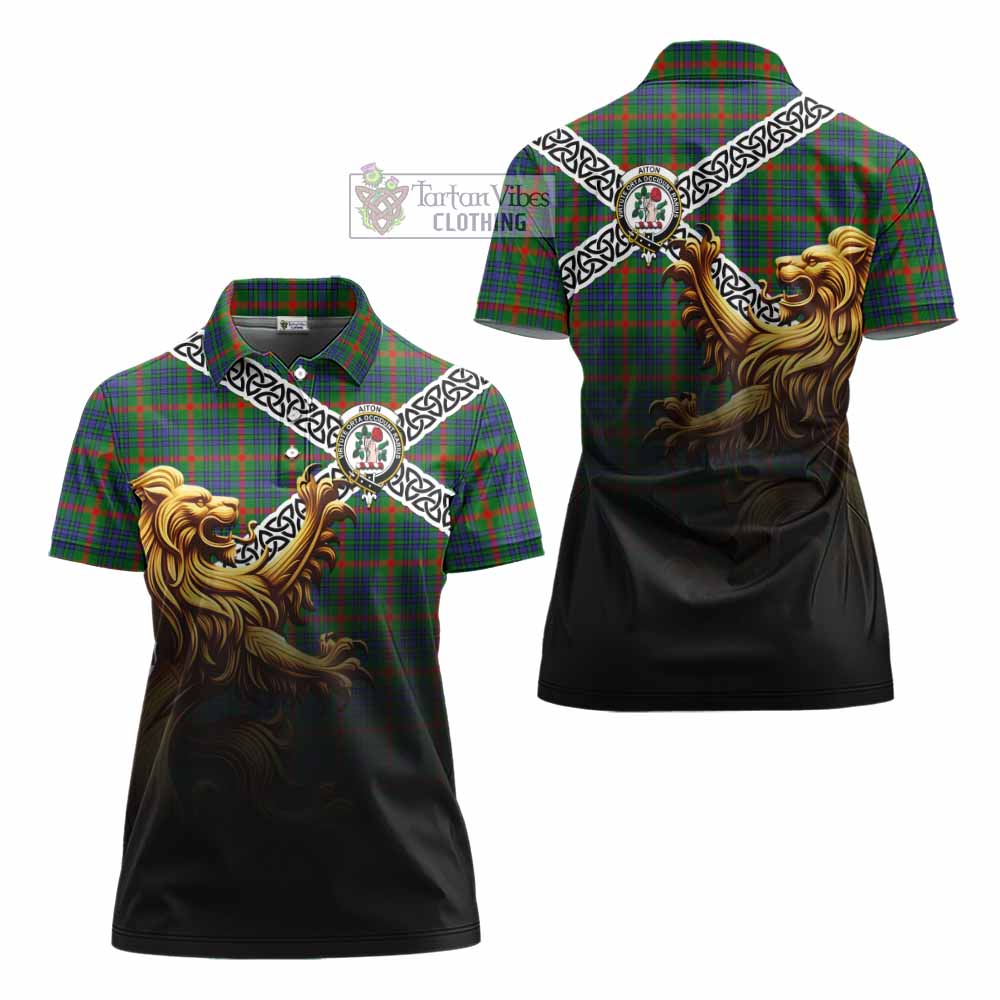 Aiton Crest Tartan Women's Polo Shirt with Golden Lion Emblem Celtic Style - Tartan Vibes Clothing