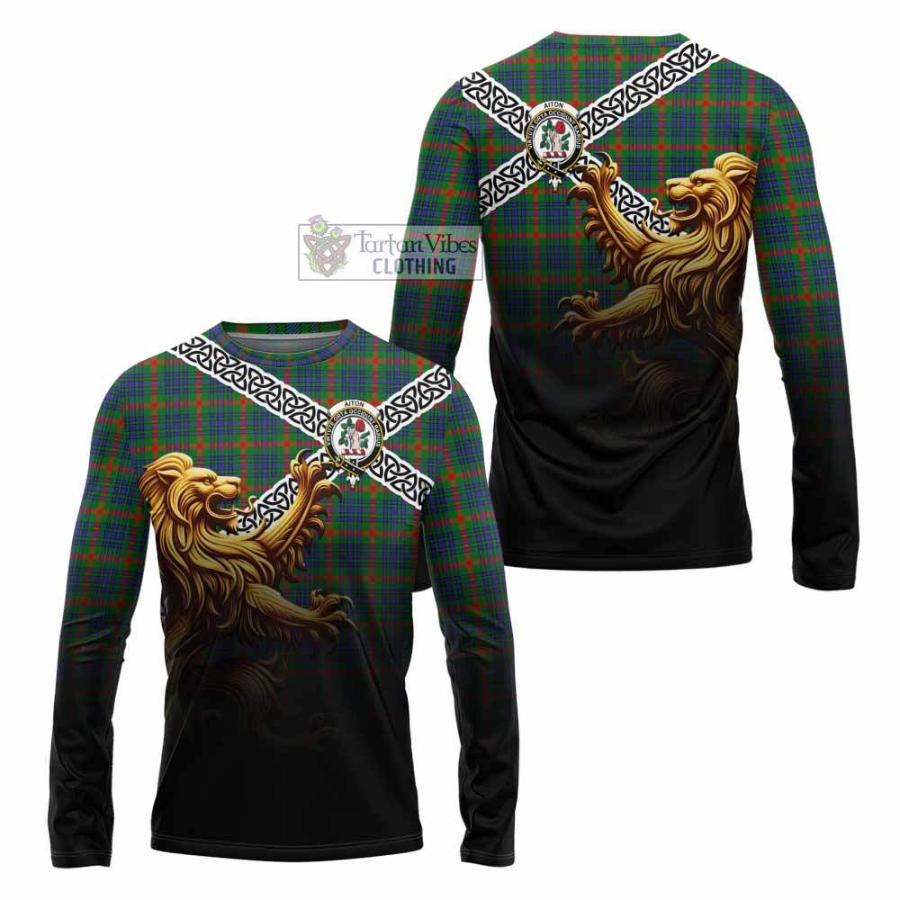 Aiton Crest Tartan Long Sleeve T-Shirt with Golden Lion Emblem Celtic Style - Tartan Vibes Clothing