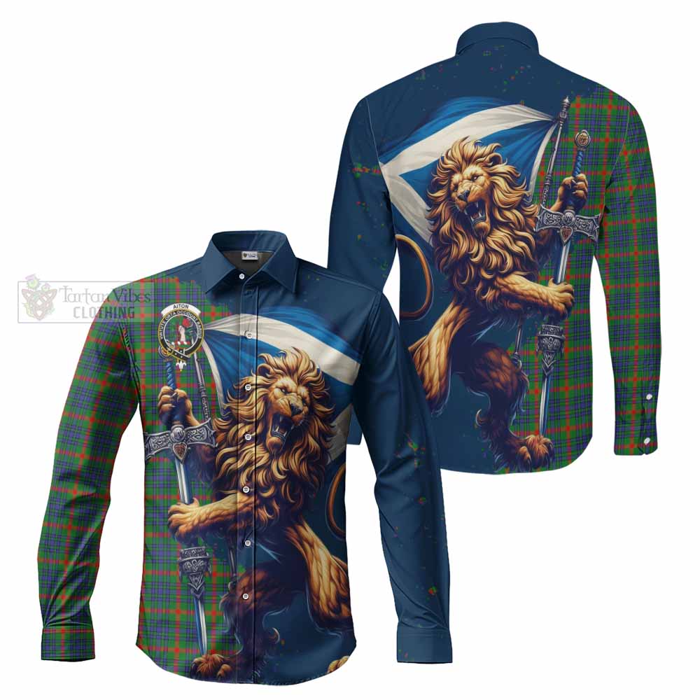 Aiton Tartan Family Crest Long Sleeve Button Shirt with Scottish Majestic Lion - Tartan Vibes Clothing