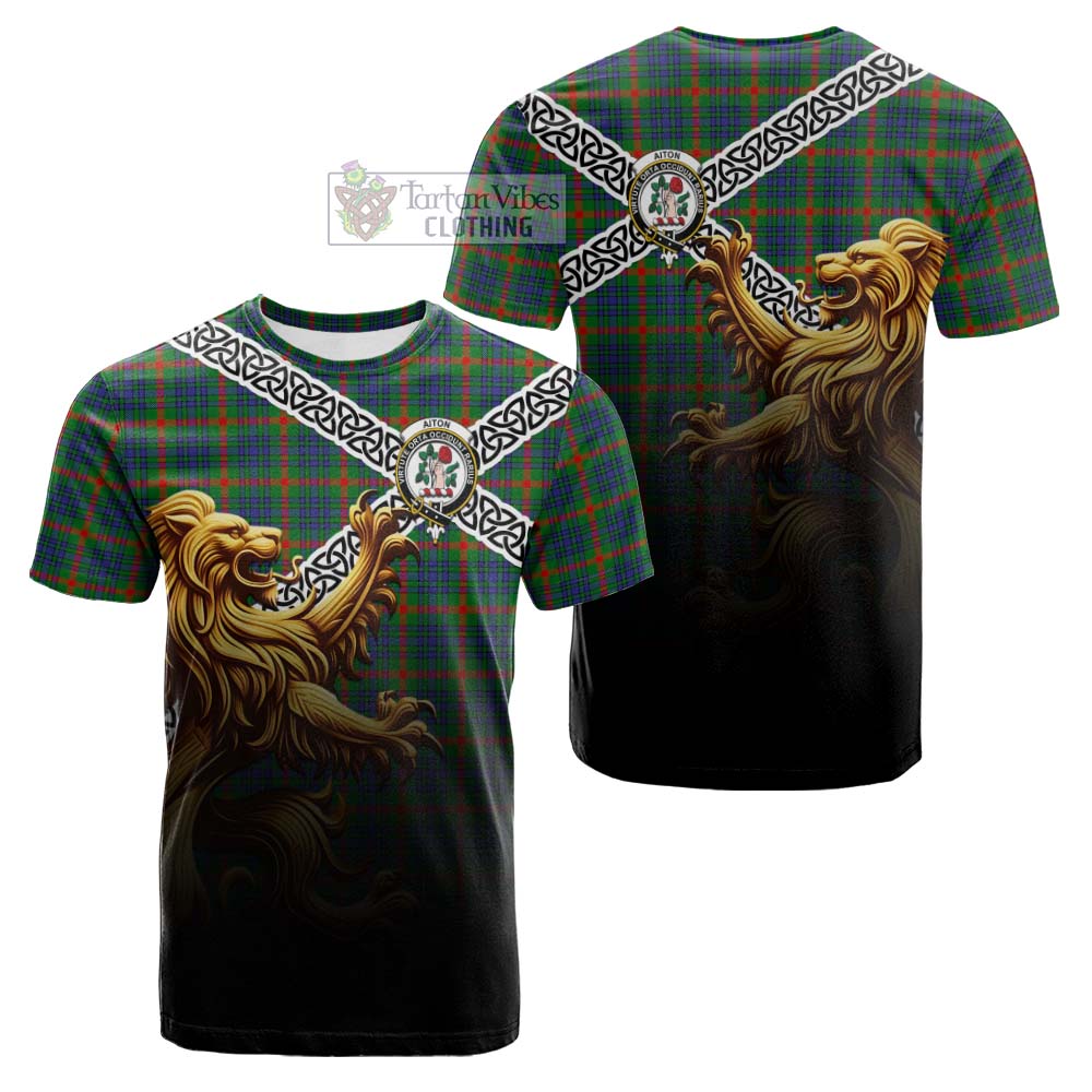 Tartan Vibes Clothing Aiton Crest Tartan Cotton T-shirt with Golden Lion Emblem Celtic Style