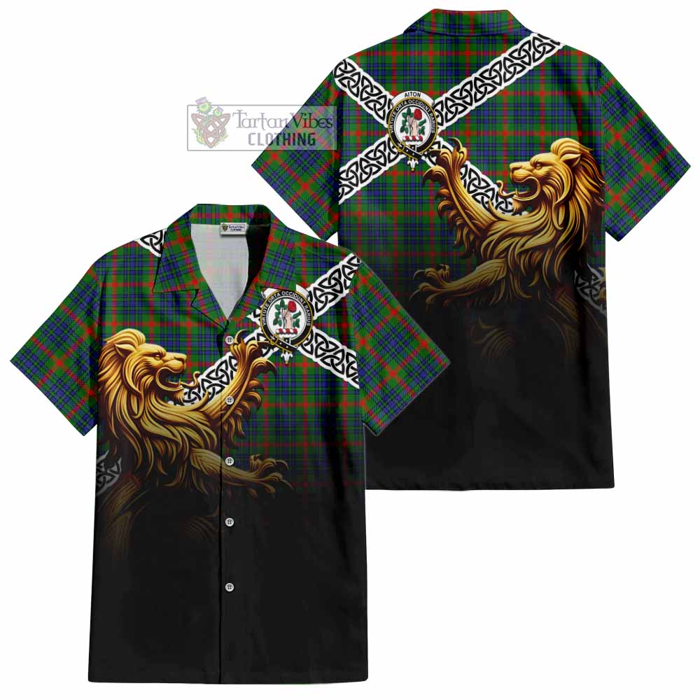 Aiton Crest Tartan Hawaiian Shirt with Golden Lion Emblem Celtic Style - Tartan Vibes Clothing