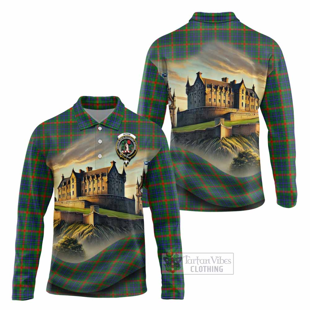 Aiton Tartan Family Crest Long Sleeve Polo Shirt with Scottish Ancient Castle Style - Tartan Vibes Clothing