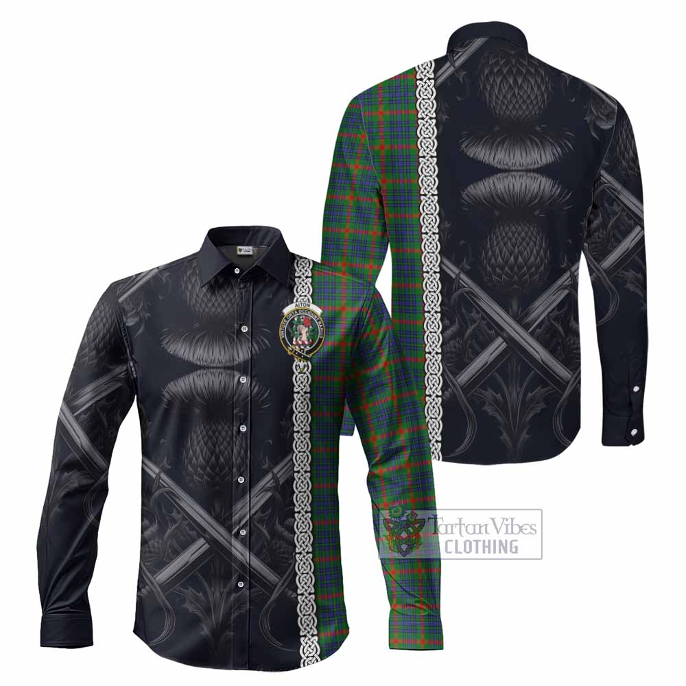 Tartan Vibes Clothing Aiton Tartan Long Sleeve Button Shirt with Family Crest Cross Sword Thistle Celtic Vibes