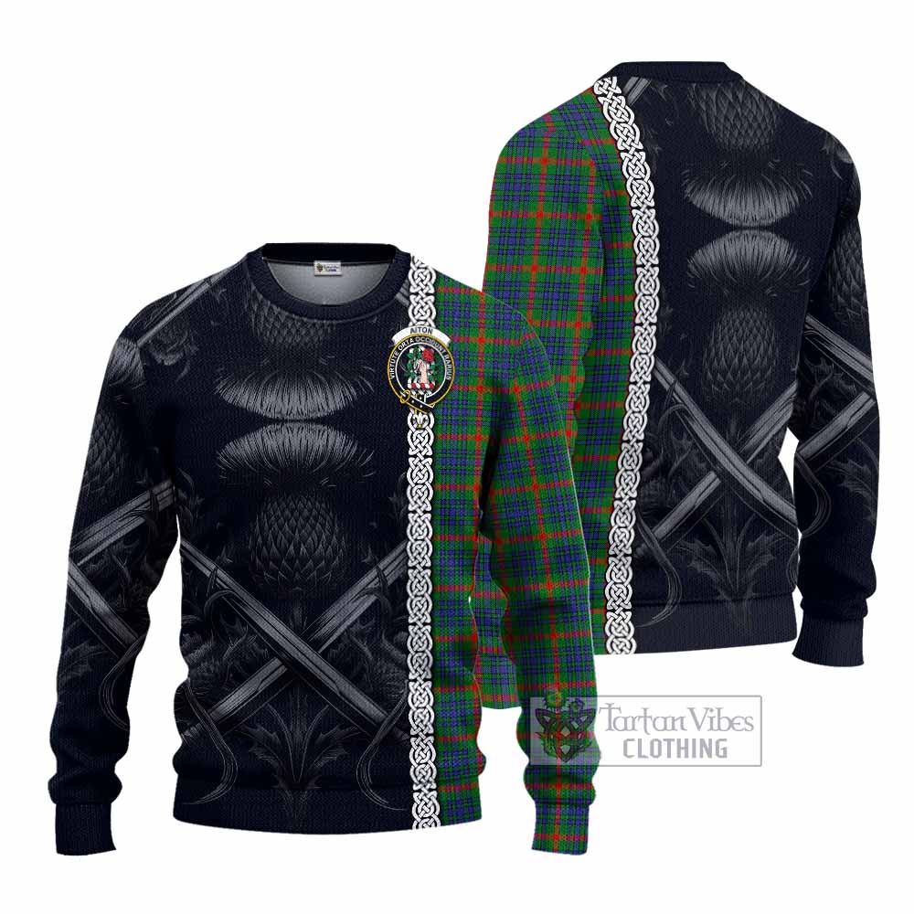 Aiton Tartan Knitted Sweater with Family Crest Cross Sword Thistle Celtic Vibes - Tartan Vibes Clothing