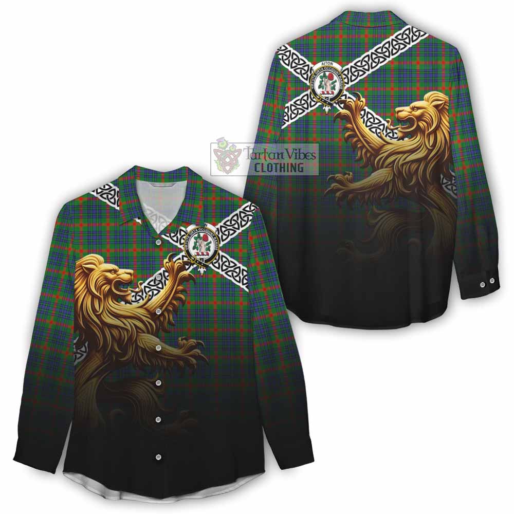 Aiton Crest Tartan Women's Casual Shirt with Golden Lion Emblem Celtic Style - Tartan Vibes Clothing