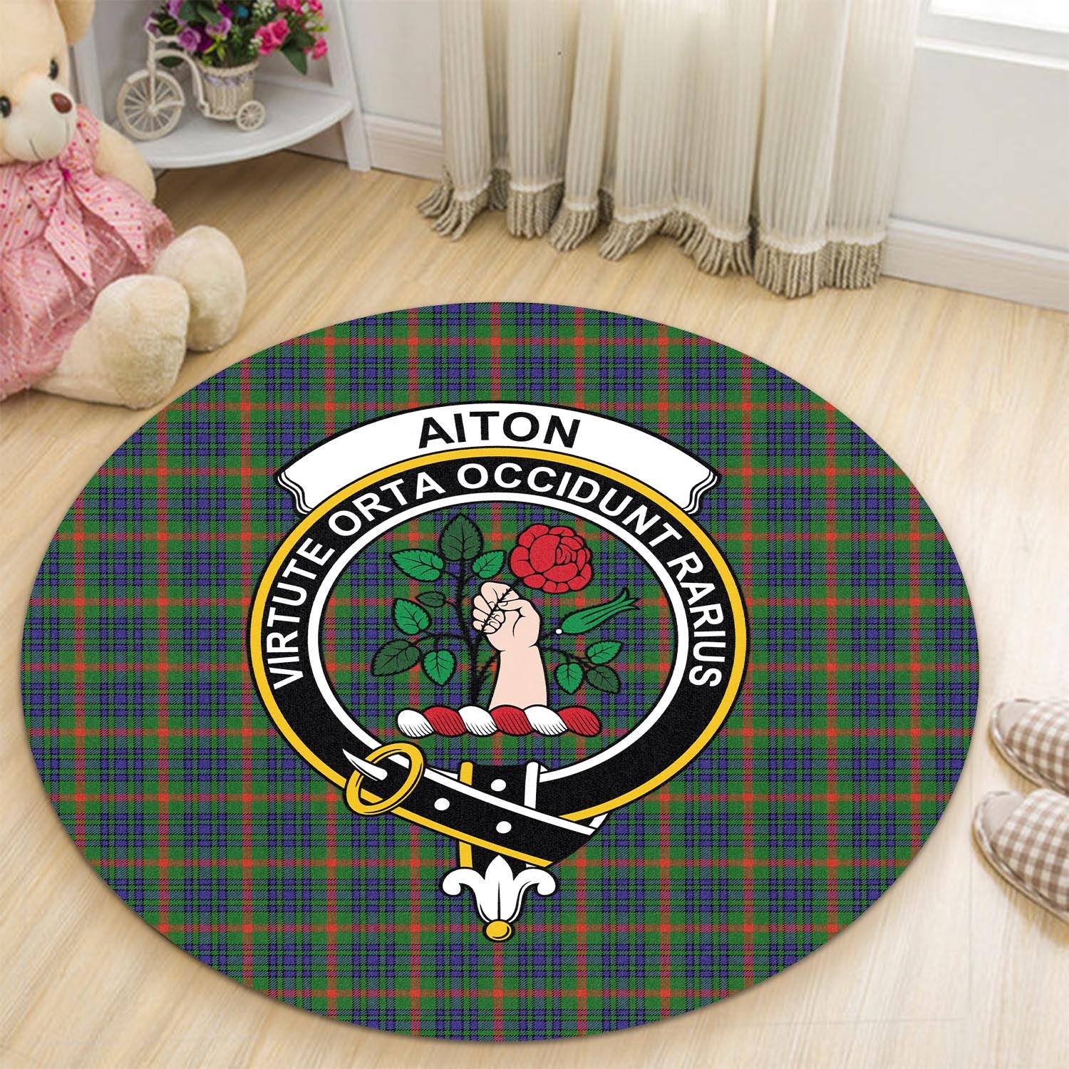 Aiton Tartan Round Rug with Family Crest - Tartanvibesclothing
