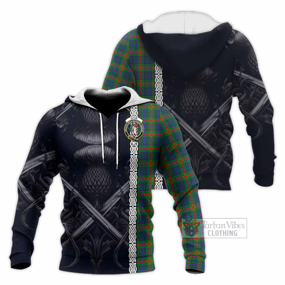 Tartan Vibes Clothing Aiton Tartan Knitted Hoodie with Family Crest Cross Sword Thistle Celtic Vibes