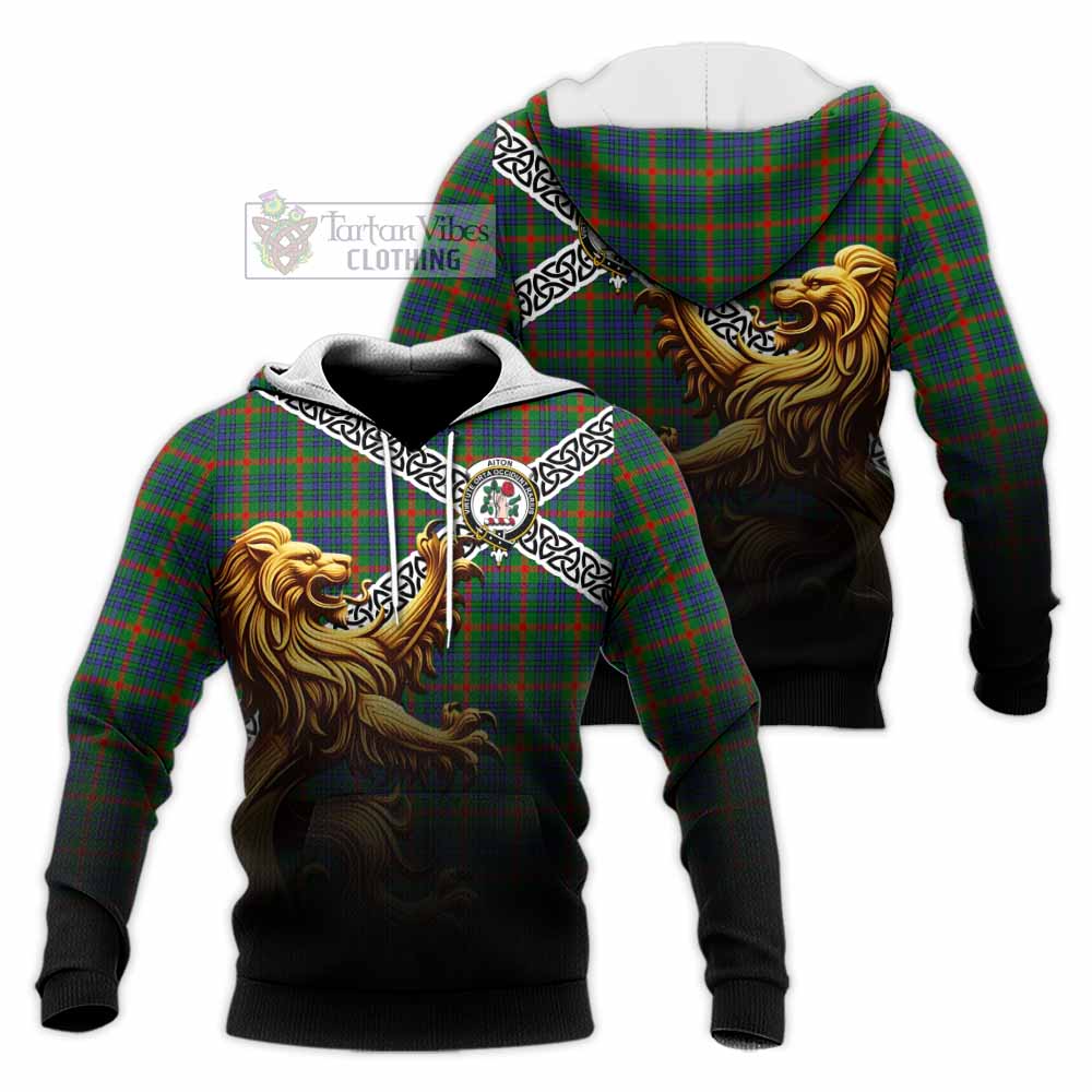 Tartan Vibes Clothing Aiton Crest Tartan Knitted Hoodie with Golden Lion Emblem Celtic Style