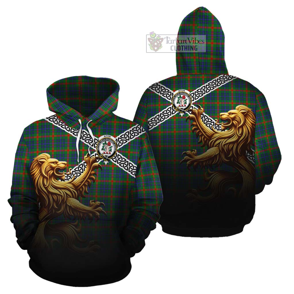 Aiton Crest Tartan Cotton Hoodie with Golden Lion Emblem Celtic Style - Tartan Vibes Clothing