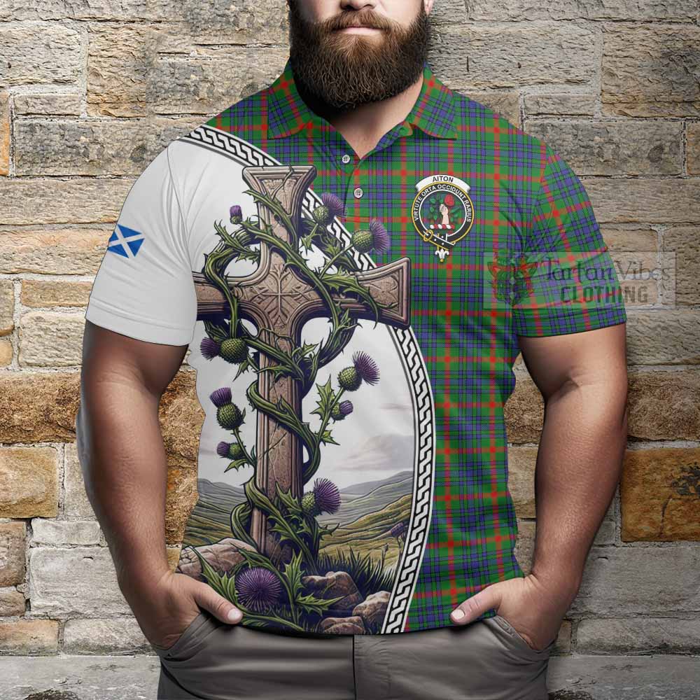 Tartan Vibes Clothing Aiton Tartan Polo Shirt with Family Crest and St. Andrew's Cross Accented by Thistle Vines