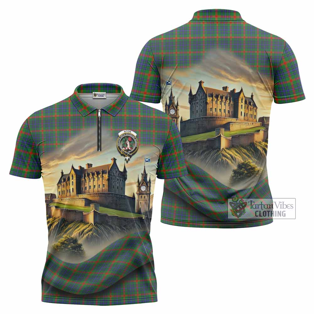 Aiton Tartan Family Crest Zipper Polo Shirt with Scottish Ancient Castle Style - Tartan Vibes Clothing