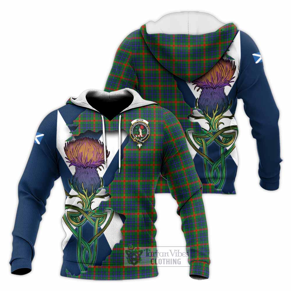Tartan Vibes Clothing Aiton Tartan Family Crest Knitted Hoodie Scottish Thistle Celtic Inspired