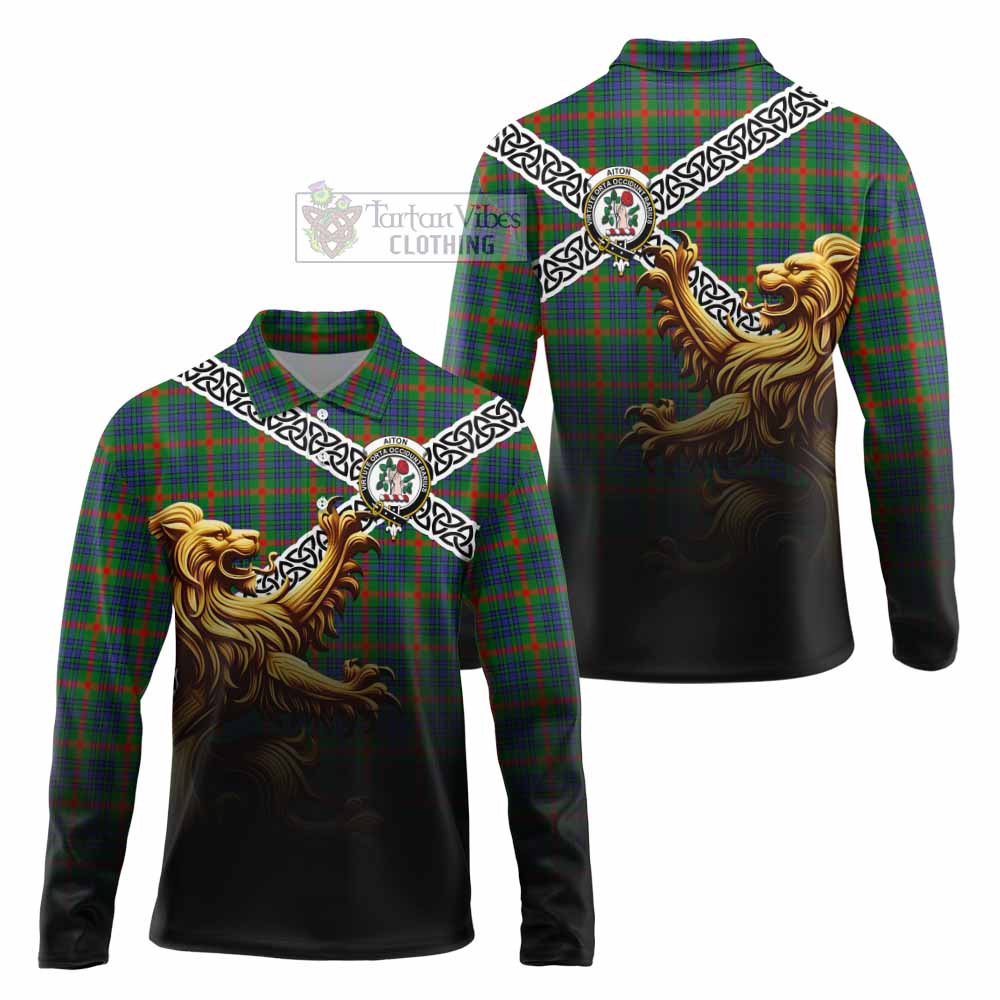 Aiton Crest Tartan Long Sleeve Polo Shirt with Golden Lion Emblem Celtic Style - Tartan Vibes Clothing