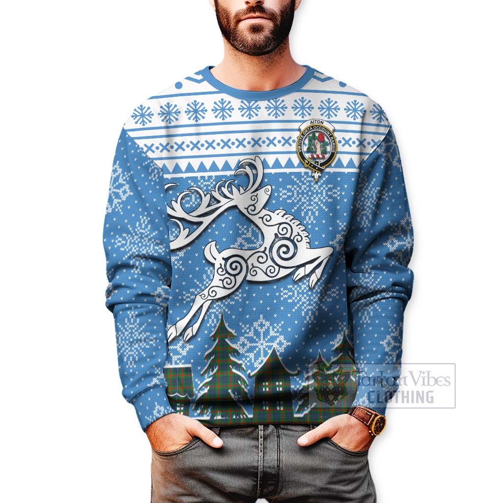 Aiton Clan Christmas Sweatshirt Celtic Reindeer Style - Tartan Vibes Clothing