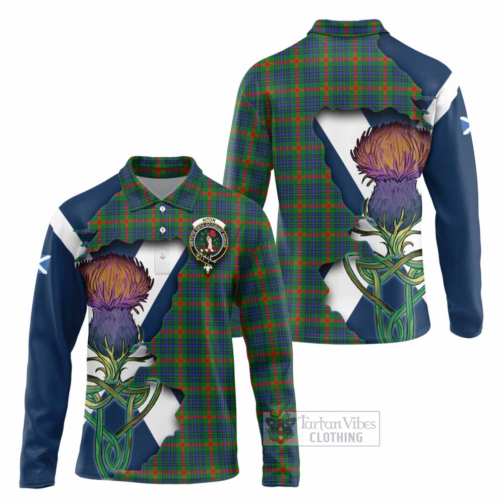 Tartan Vibes Clothing Aiton Tartan Family Crest Long Sleeve Polo Shirt Scottish Thistle Celtic Inspired