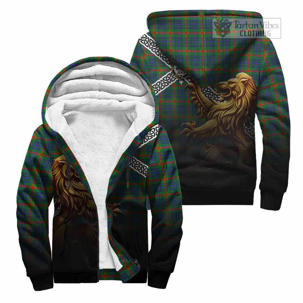 Aiton Crest Tartan Sherpa Hoodie with Golden Lion Emblem Celtic Style Unisex - Tartan Vibes Clothing