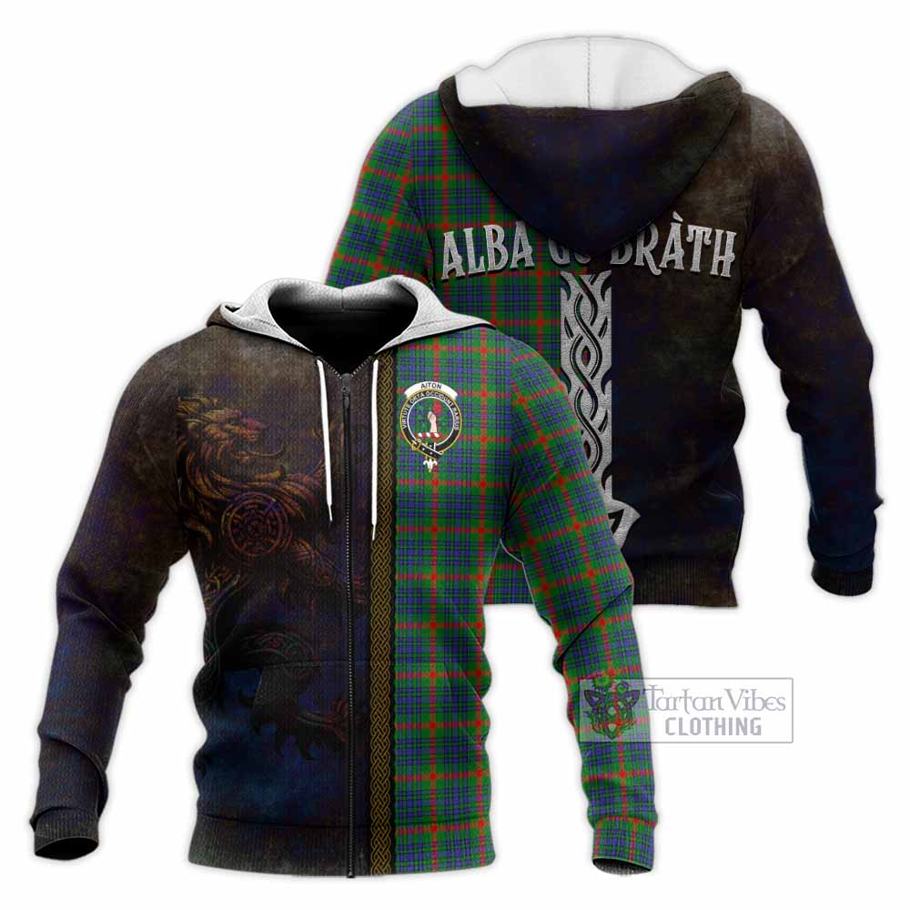 Tartan Vibes Clothing Aiton Tartan Family Crest Knitted Hoodie Alba Gu Brath Be Brave Lion Ancient Style